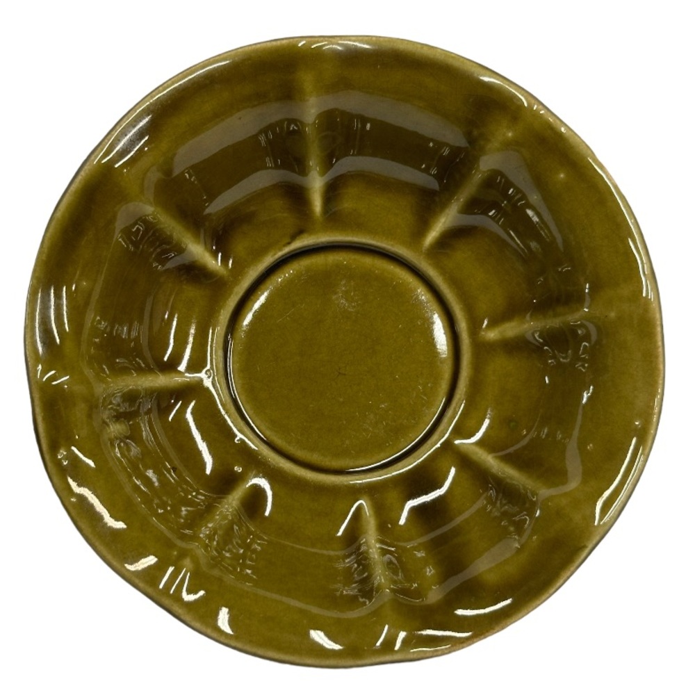 Vintage McCoy Olive Green Shallow Flower shaped Scalloped Bowl 7.5‎ W X 2 3/8 H